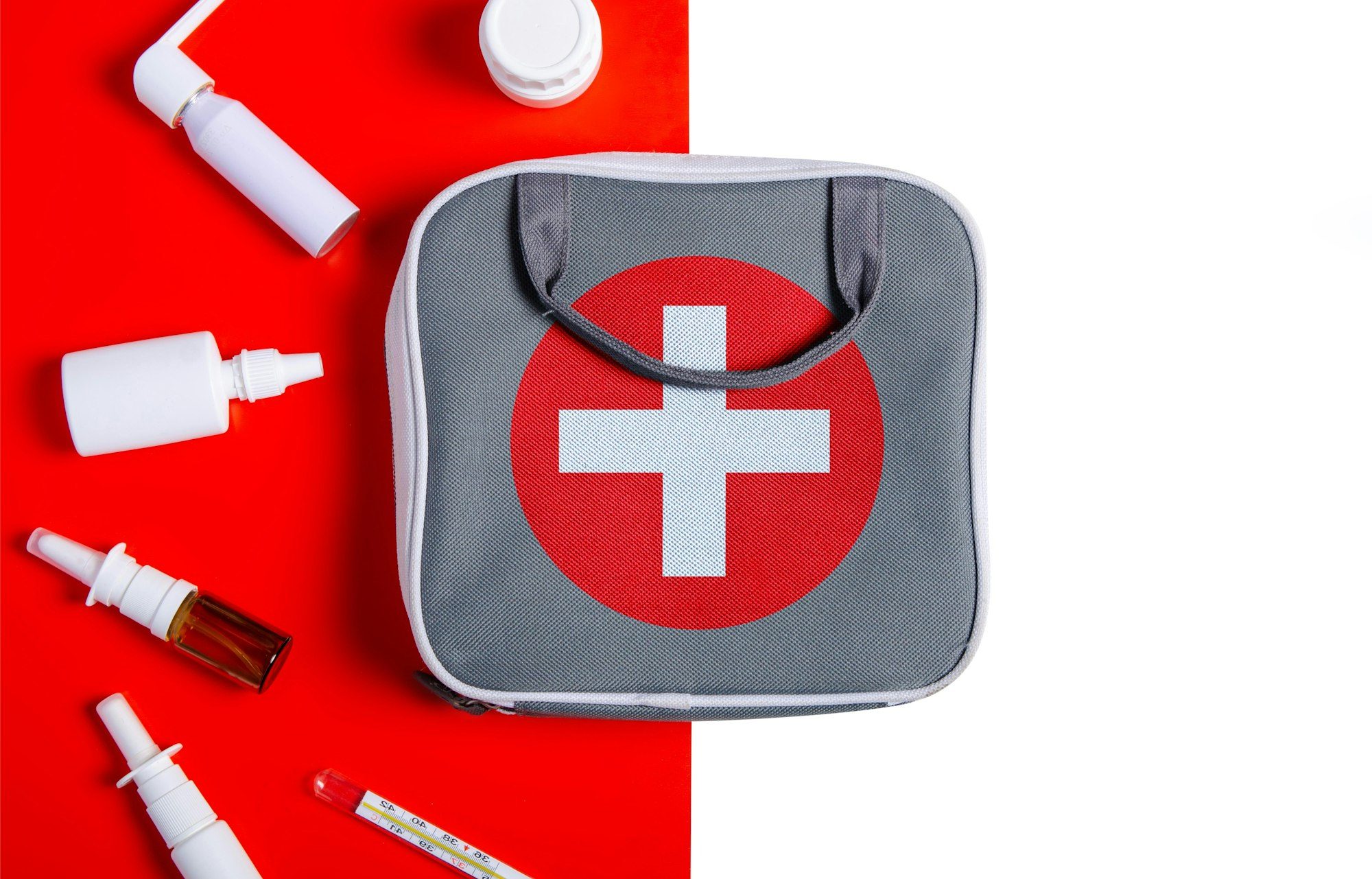 First aid kit concept, medicine equipment set in a suitcase box