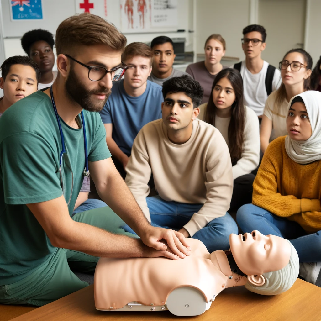 ustralian students learning to clear airways in a CPR class