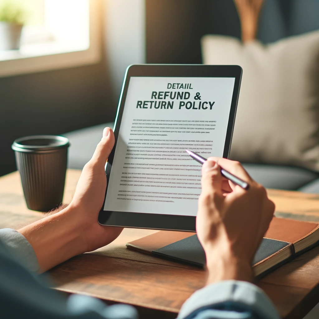 Young adult reading refund policy on a tablet in a cozy home office.